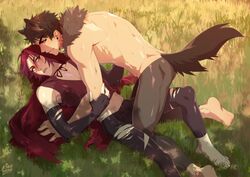  2boys anthro aqua_eyes big_bad_wolf blush brown_fur brown_hair enjoipandas gay grass little_red_riding_hood male male_only red_eyes red_hair rule_63 torn_clothes wolf wolf_ears wolf_tail yaoi 