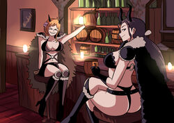  2girls bar beast_pirates beast_pirates_(cosplay) bikini_uniform black_hair crossed_legs drunk female female_only fur_coat horns nami nico_robin one_piece orange_hair post-timeskip shounen_jump tagme thong tinafate1 underwear 