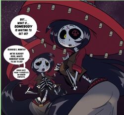  2girls adelita_sanchez black_hair breast breasts curvy dia_de_los_muertos english_text female_only long_hair lowres oyamanekonsfw scardelita_sanchez skeleton spanglish spanish_text speech_bubble tagme taking_clothes_off the_book_of_life undressing 