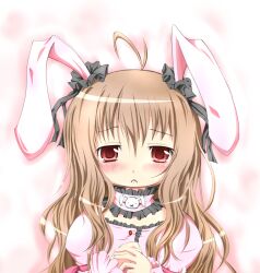  ahoge animal_ears blush brown_hair choker commentary_request female frown hair_ribbon long_hair looking_at_viewer original photoshop_(medium) portrait rabbit_ears red_eyes ribbon sakuraebi_chima solo tears 