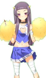  bandages bandaid black_hair blood boxcutter cheerleader choker cleavage_cutout clothing_cutout commentary_request concealed_weapon female flat_chest heart heart_cutout hime_cut horns kami_nomi_zo_shiru_sekai long_hair lune_(kaminomi) photoshop_(medium) pom_pom_(cheerleading) purple_eyes solo weapon yuto_(dialique) 