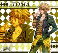  1boy amnesia_(idea_factory) argyle_background bad_id bad_pixiv_id blonde_hair character_name clothes_around_waist copyright_name feathers harunatsu_fuyuko jacket jewelry male_focus necklace pants photoshop_(medium) shirt solo sweater sweater_around_waist toma_(amnesia) yellow_background yellow_eyes zoom_layer 