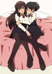  2girls aiba-tsukiko bed black_hair black_legwear brown_eyes brown_hair commentary_request frown hairband highres loafers long_hair multiple_girls original pantyhose photoshop_(medium) school_uniform shoes sitting yuri 