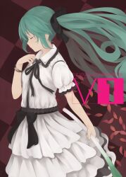  bad_id bad_pixiv_id checkered_background closed_eyes dress female green_hair hatsune_miku highres long_hair nnyu solo spring_onion vocaloid 