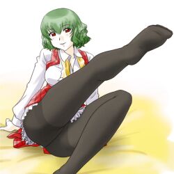  ascot commentary_request crotch_seam feet female green_hair kazami_yuuka leg_up legs no_shoes pantyhose plaid red_eyes shirt short_hair smile solo supon thighband_pantyhose touhou 