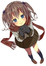  bad_id bad_pixiv_id blue_eyes blush brown_hair female from_above full_body gloves hair_ornament light_smile loafers original own_hands_together scarf shoes short_hair short_twintails simple_background skirt smile solo twintails white_background yadapot 