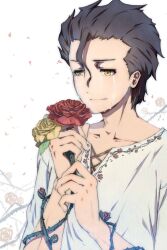  1boy ahoge bad_id bad_pixiv_id black_hair celtic diarmuid_ua_duibhne_(lancer)_(fate) fate/zero fate_(series) flower male_focus mole mole_under_eye plant red_flower red_rose rose solo tears vines y_xin yellow_eyes yellow_flower yellow_rose 