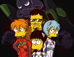  2boys 2girls ayanami_rei blue_hair brown_hair colored_skin commentary_request eva_01 father_and_son gendou_pose hair_ornament hairpods ikari_gendou ikari_shinji interface_headset james_chung long_hair matt_groening_(style) mecha multiple_boys multiple_girls neon_genesis_evangelion orange_hair own_hands_clasped own_hands_together parody plugsuit robot short_hair souryuu_asuka_langley style_parody sunglasses the_simpsons toon_(style) yellow_skin 