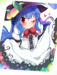  aki_(akikaze_asparagus) blue_hair commentary_request curtsey female food fruit hat heart hinanawi_tenshi long_hair one_eye_closed peach red_eyes skirt_hold solo touhou 