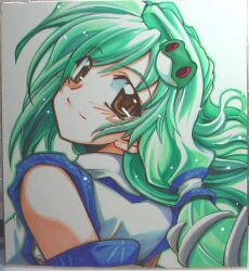  bare_shoulders brown_eyes commentary_request detached_sleeves female frog_hair_ornament green_hair hair_ornament hair_tubes kochiya_sanae long_hair looking_back marker_(medium) photo_(medium) shikishi smile solo takana_shinno touhou traditional_media 