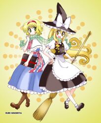  2girls alice_margatroid blonde_hair blush book bow broom capelet dress green_eyes hairband hat hat_bow kirisame_marisa long_hair multiple_girls open_mouth ruri_ninomiya scarf shared_clothes shared_scarf short_hair touhou white_bow witch_hat yellow_eyes 