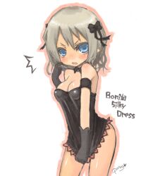  ^^^ arm_strap bad_id bad_pixiv_id bare_shoulders blue_eyes blush bow breasts cleavage clothes_pull detached_collar female gloves grey_hair hairbow looking_at_viewer mabinogi medium_breasts miyamae_porin open_mouth original player_character_(mabinogi) shirt_pull short_hair solo white_background 