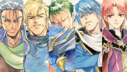  5boys agahari arden_(fire_emblem) armor azelle_(fire_emblem) bad_id bad_pixiv_id beowolf_(fire_emblem) blonde_hair blue_armor blue_eyes blue_hair commentary_request creator_connection finn_(fire_emblem) fire_emblem fire_emblem:_genealogy_of_the_holy_war green_hair grey_hair male_focus manly multiple_boys one_eye_closed red_eyes red_hair scar sherpa_(tear_ring_saga) smile tear_ring_saga tear_ring_saga:_berwick_saga 