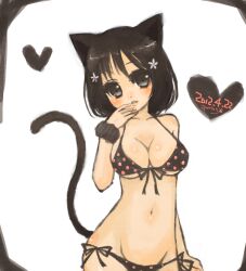  animal_ears bad_id bad_pixiv_id bare_shoulders bikini black_hair blush breasts cat_ears cat_tail dated female flower front-tie_top groin hair_flower hair_ornament heart looking_at_viewer medium_breasts miyamae_porin navel original polka_dot polka_dot_bikini short_hair side-tie_bikini_bottom solo swimsuit tail wristband 