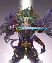  1boy ark_mateus cape commentary_request demon_tail energy_sword ezusuke forehead_jewel green_hair horns male_focus photoshop_(medium) shinrabanshou smile solo sword tail weapon yellow_eyes 