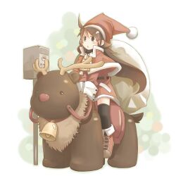  :&lt; ahoge bell boots brown_eyes brown_hair capelet christmas commentary_request female hair_ornament hairclip hat kiddie_ride long_hair nabana original parking_meter red_capelet reindeer riding sack santa_costume santa_hat solo thigh_boots thighhighs 