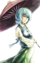  baten_(gei-vorugu) blue_hair breasts commentary_request female green_eyes heterochromia highres medium_breasts oil-paper_umbrella purple_umbrella red_eyes short_hair smile solo tatara_kogasa touhou umbrella white_background 