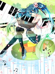  aqua_eyes aqua_hair bad_id bad_pixiv_id detached_sleeves fei_(songyijie) female flower hair_flower hair_ornament hairclip hatsune_miku highres long_hair musical_note navel necktie open_mouth piano_keys see-through shoes skirt solo thighhighs twintails very_long_hair vocaloid 