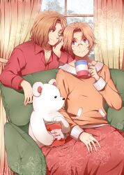  2boys ahoge axis_powers_hetalia bad_id bad_pixiv_id blonde_hair blue_eyes canada_(hetalia) couch cup flag_print france_(hetalia) french_flag glasses kumajirou_(hetalia) leaf male_focus maple_leaf mug multiple_boys one_eye_closed print_cup purple_eyes sitting smile sweater wai 