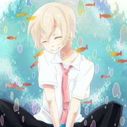  1boy ahoge blonde_hair closed_eyes commentary_request haru_(tsuritama) male_focus miso_(mimimiso) necktie school_uniform smile solo tsuritama underwater 