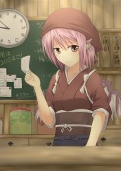  animal_ears apron bad_id bad_pixiv_id bird_ears bird_wings blue_apron brown_eyes brown_kimono chalkboard clock earrings female food_stand head_scarf highres japanese_clothes jar jewelry kimono mystia_lorelei natsuki_teru obi okamisty pink_hair sash short_hair smile solo tasuki ticket touhou wings 