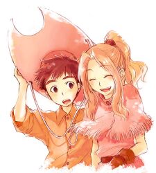  1boy bad_id bad_pixiv_id brown_hair cowboy_hat cowboy_western digimon digimon_adventure female fringe_trim gloves hat izumi_koshiro long_hair open_mouth orange_shirt ponytail red_eyes red_hair shirt smile tachikawa_mimi wakaya_hana 