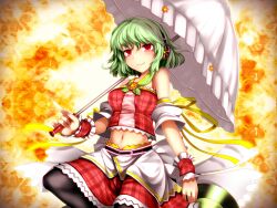  bare_shoulders commentary_request female flower green_hair headphones highres holding kazami_yuuka kazetto midriff navel pantyhose photoshop_(medium) short_hair smile solo striped touhou umbrella wrist_cuffs 