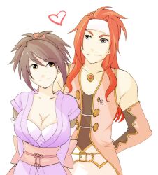  1boy bare_shoulders bra breasts brown_eyes cleavage detached_sleeves female headband heart purple_eyes purple_hair red_hair sheena_fujibayashi smile taes_of_(series) tales_of_(series) tales_of_symphonia underwear zelos_wilder 