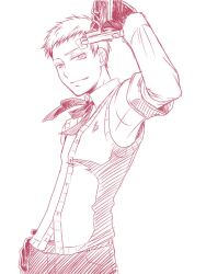  1boy armband commentary_request einfach evoker gekkoukan_high_school_uniform gloves gun_to_head male_focus monochrome persona persona_3 ribbon sanada_akihiko school_uniform simple_background smile smirk solo vest weapon 