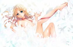  barefoot between_toes blonde_hair blue_eyes breasts commentary_request feathers feet female holding_with_feet kawagoe_pochi leg_lift legs long_hair ragnarok_online small_breasts solo toes wanderer_(ragnarok_online) 