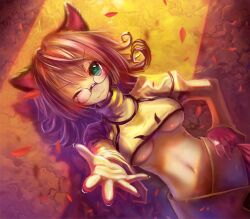  :3 ;3 animal_ears bad_id bad_pixiv_id breasts brown_hair cat_ears commentary_request corne_coco_necoco female fullani glasses green_eyes hand_on_own_hip medium_breasts midriff navel one_eye_closed outstretched_hand short_hair solo tanaka_ken&#039;ichi underboob v-shaped_eyebrows 