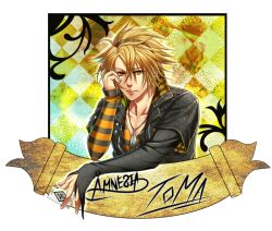  1boy amnesia_(idea_factory) argyle_background bad_id bad_pixiv_id blonde_hair character_name copyright_name feathers hairband harunatsu_fuyuko jacket jewelry male_focus necklace smile solo toma_(amnesia) yellow_background yellow_eyes yellow_theme 