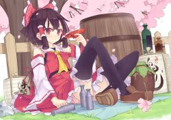  alcohol alternate_hairstyle ascot bare_shoulders barrel black_hair black_thighhighs bottle bow cherry_blossoms commentary_request cup detached_sleeves female hairbow hakurei_reimu jar mikan_(bananoha) outdoors panties pantyshot pink_panties sakazuki sake sake_barrel short_hair sidelocks sitting solo thighhighs tokkuri touhou tree underwear wide_sleeves 