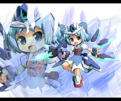  00_qan[t] :d alternate_weapon blue_eyes blue_hair bow cirno commentary_request dress female garoudo_(kadouhan&#039;i) holding holding_weapon letterboxed looking_at_viewer mecha_musume open_mouth photoshop_(medium) ribbon short_hair smile solo touhou weapon zoom_layer 