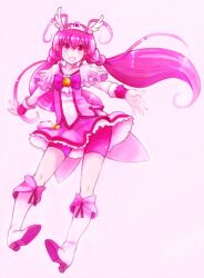  antenna_hair atsu_mono bike_shorts bike_shorts_under_skirt boots bow bowtie brooch commentary_request cure_happy female full_body head_wings hoshizora_miyuki jewelry knee_boots long_hair low_twintails magical_girl no_choker pink_bow pink_eyes pink_hair pink_skirt pink_theme precure skirt smile smile_precure solo tiara twintails white_background wings wrist_cuffs 