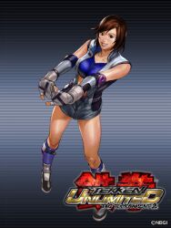  belt breasts brown_eyes brown_hair center_opening elbow_gloves elbow_pads female gloves grin junny kazama_asuka large_breasts legs namco official_art open_clothes short_hair shorts smile solo tekken tekken_tag_tournament_2 thighs 