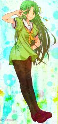  abstract_background aqua_background arm_up artist_name bad_id bad_pixiv_id bakemata breasts brown_pantyhose collarbone cosplay dress female fingernails full_body green_dress green_eyes green_hair green_theme half_updo hand_on_own_hip highres higurashi_no_naku_koro_ni houjou_satoko houjou_satoko_(cosplay) leaning leaning_forward light_smile long_hair looking_at_viewer mary_janes medium_breasts pantyhose ribbon sailor_collar sailor_dress school_uniform serafuku shoes short_dress short_sleeves signature smile solo sonozaki_shion standing star_(symbol) starry_background striped striped_background v v_over_eye vertical_stripes very_long_hair white_sailor_collar 