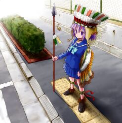  commentary_request female morioka_itari original purple_eyes purple_hair school_uniform short_hair skirt smile solo 