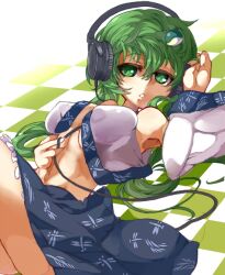  bad_id bad_pixiv_id bare_shoulders checkered_floor detached_sleeves female frog_hair_ornament green_eyes green_hair hair_ornament headphones himuro_shunsuke kochiya_sanae long_hair looking_at_viewer lying navel on_back solo touhou 