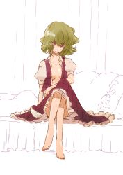  bad_id bad_pixiv_id barefoot bed breasts cleavage crossed_legs dress dress_shirt female green_hair kazami_yuuka no_bra non_(z-art) on_bed open_clothes open_shirt plaid plaid_skirt red_eyes seductive_smile shirt short_hair sitting skirt small_breasts smile solo touhou vest 