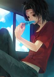  1boy ano_hi_mita_hana_no_namae_wo_bokutachi_wa_mada_shiranai. bad_id bad_pixiv_id black_hair brown_eyes casual food forehead high_ponytail hiyo_kiki male_focus popsicle window yadomi_jinta 