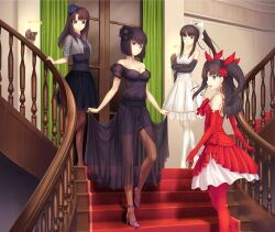  4girls aqua_eyes bare_shoulders brown_hair brown_legwear elbow_gloves evening_gown fate/stay_night fate_(series) female gloves green_eyes high_heels highres kara_no_kyoukai kokutou_azaka kuonji_alice long_hair looking_back mahou_tsukai_no_yoru multiple_girls open_mouth pantyhose ponytail red_carpet ribbon short_hair stairs tohsaka_rin toono_akiha tsukihime tsukikanade twintails two_side_up type-moon white_legwear wink 