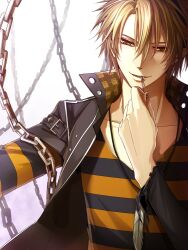  1boy amnesia_(idea_factory) blonde_hair chains commentary_request feathers jacket jewelry key male_focus necklace ouka_mai smile solo toma_(amnesia) white_background yellow_eyes 