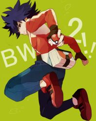  1boy bag belt black_hair commentary_request copyright_name fingerless_gloves gloves green_background holding holding_poke_ball hugh_(pokemon) jacket jumping looking_back male_focus natsuiro_xx photoshop_(medium) poke_ball pokemon pokemon_bw2 shoes smile solo spiked_hair 