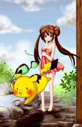  absurdres bad_id bad_pixiv_id barefoot bra brown_hair clothes_theft cloud cloudy_sky day double_bun doughnut_hair_bun female green_bra hair_bun highres long_hair naked_towel onsen pikachu pokemon pokemon_(creature) pokemon_bw2 rosa_(pokemon) sky tail theft tonamw towel twintails underwear underwear_theft unworn_bra 