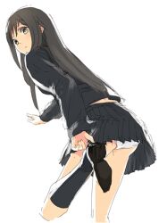  adjusting_clothes adjusting_shoe bad_id bad_pixiv_id bag black_hair brown_eyes dressing female kurono_kuro leg_up long_hair looking_back lowres original panties pantyshot photoshop_(medium) putting_on_shoes school_bag school_uniform skirt solo underwear upskirt white_panties 