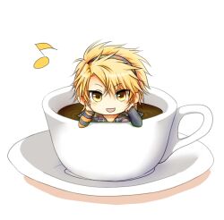  1boy amnesia_(idea_factory) blonde_hair chibi commentary_request cup hairband male_focus mug musical_note shirt smile solo toma_(amnesia) white_background yellow_eyes yu-yake-red 