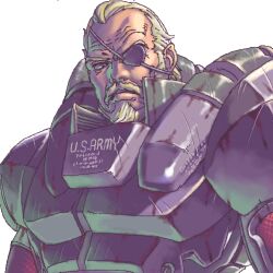  1boy armor beard blonde_hair closed_mouth commentary_request eyepatch facial_hair honzawa_yuuichirou looking_at_viewer looking_down lowres male_focus manly metal_gear_(series) metal_gear_solid moustache oekaki solidus_snake solo united_states_army upper_body white_background 