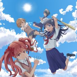  4girls :d aiming aiming_at_viewer baseball_bat black_hair blue_sky brown_eyes brown_hair brown_sweater_vest cloud cloudy_sky coin commentary_request day electricity electrokinesis emblem flower hair_flower hair_ornament holding holding_baseball_bat holding_coin holding_needle long_hair medium_hair metal_baseball_bat midair midriff misaka_mikoto multiple_girls navel needle open_mouth outdoors psychic railgun_(misaka_mikoto) red_eyes red_hair sakugawa_school_uniform saten_ruiko school_emblem school_uniform serafuku shirai_kuroko skirt sky smile stomach summer_uniform sweater_vest throwing_needles toaru_kagaku_no_railgun toaru_majutsu_no_index tokiwadai_school_uniform twintails uiharu_kazari yubari_rumoi 