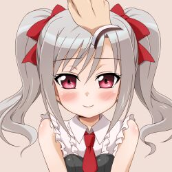  blush commentary_request female grey_hair headpat idolmaster idolmaster_cinderella_girls kanzaki_ranko long_hair necktie red_eyes ribbon sleeveless smile solo_focus twintails uraichishi 